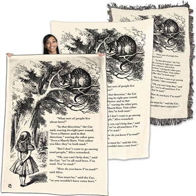 Throw depicting Alice and the Cheshire cat with some paragraphs from the book