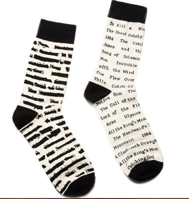 Socks covered in the titles of books that have been banned