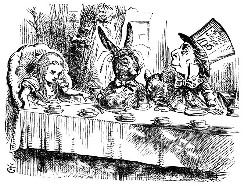 Alice with the Mad Hatter and March Hare at the Tea Party Table