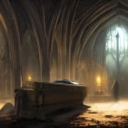 Gothic crypt with openned coffin