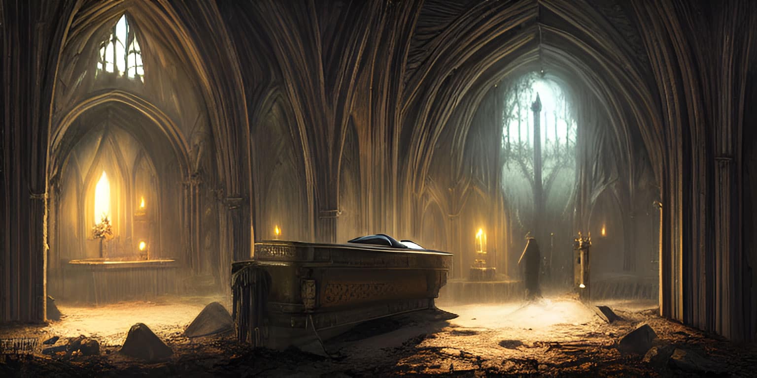 Gothic crypt with openned coffin
