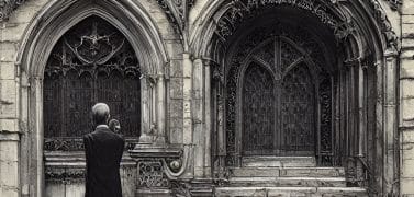 A man stands at the elaborate gothic door of a castle