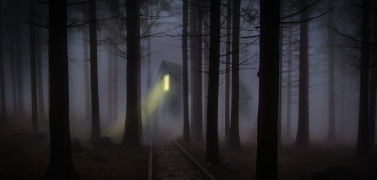 A chilling setting with a mysterious cabin in the woods