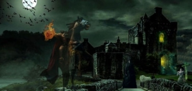 Haunted castle including a headless horseman and a woman in black