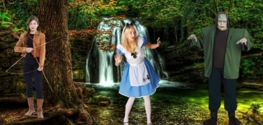 Alice, Frankenstein and Katniss Everdeen book characters in a forest