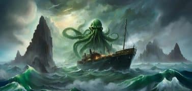 Cthulhu rises above a stormy sea and bares down on a small steam ship.