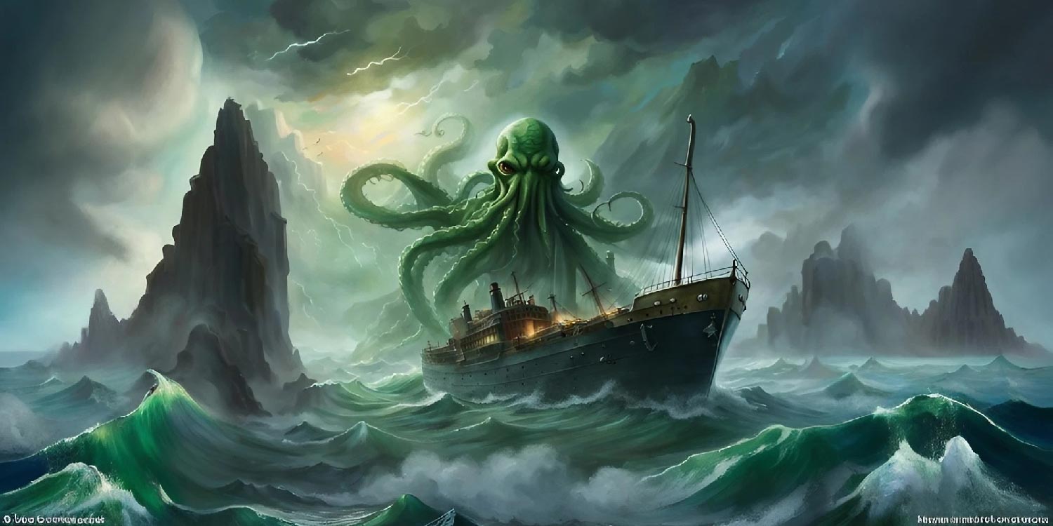 Cthulhu rises above a stormy sea and bares down on a small steam ship.