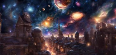 A view over an old towered city with stars, planets, galaxies and nebulae switling in the night sky.