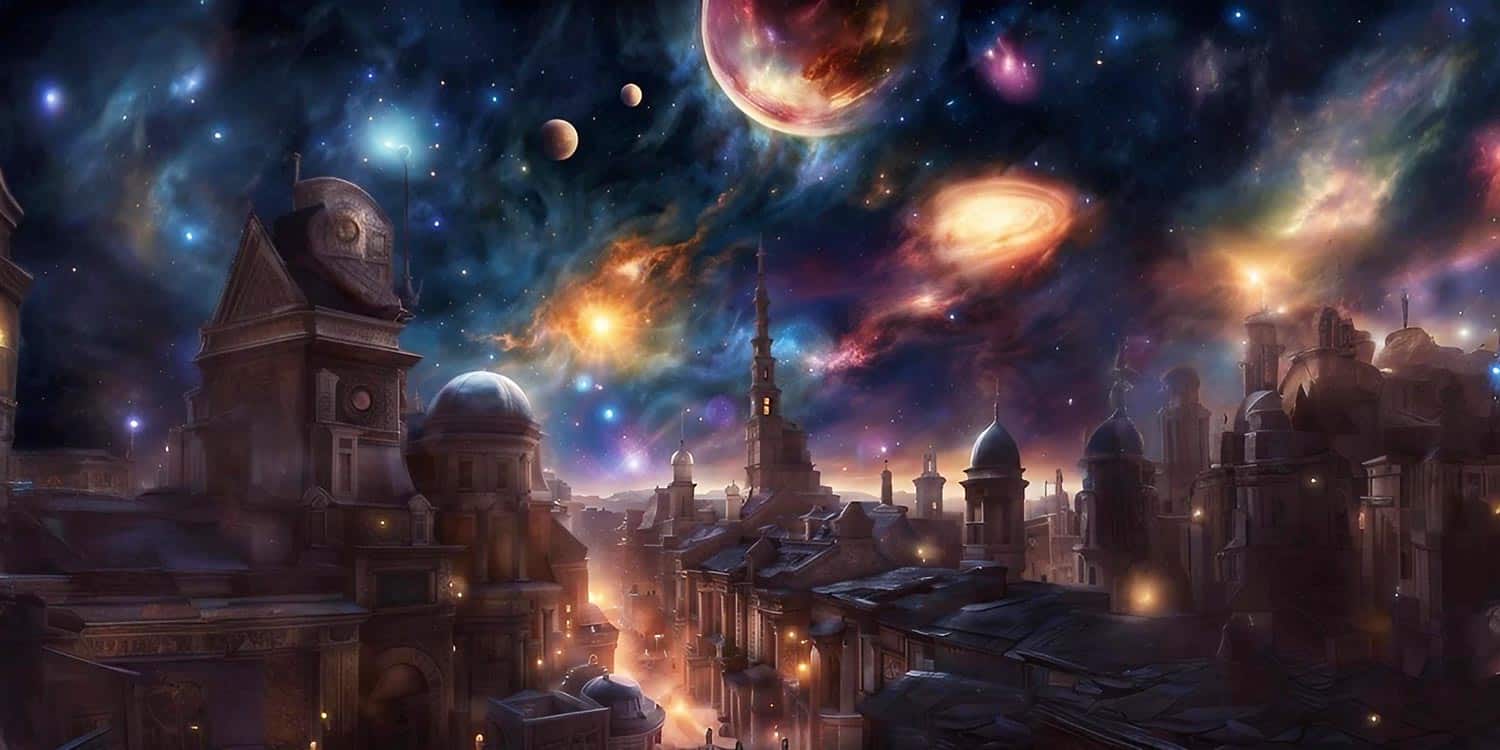 A view over an old towered city with stars, planets, galaxies and nebulae switling in the night sky.