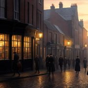 Dubliners bustling in a morning street scene at sunrise