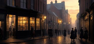 Dubliners bustling in a morning street scene at sunrise