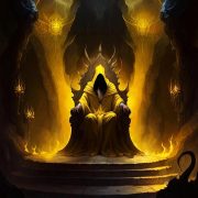 A figure, hooded an shrowded in yellow robes, sits upon an ornate throne, demoic lights dancing about the cavernous hall in which he holds court.