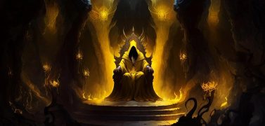 A figure, hooded an shrowded in yellow robes, sits upon an ornate throne, demoic lights dancing about the cavernous hall in which he holds court.