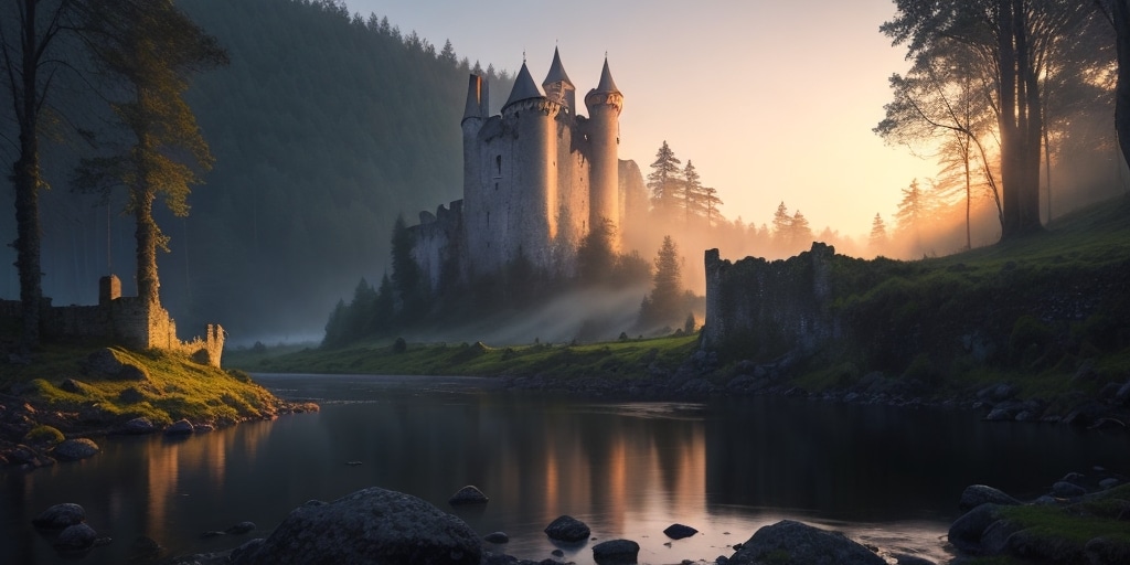 A large castle in a dark forest on the banks of a river.