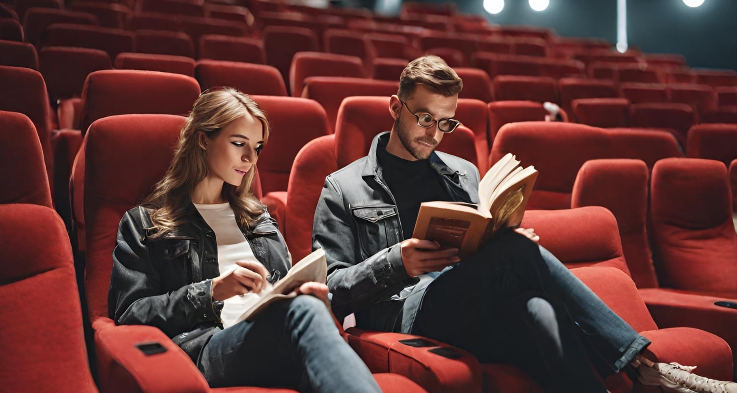 A couple reading books in a movie theatre